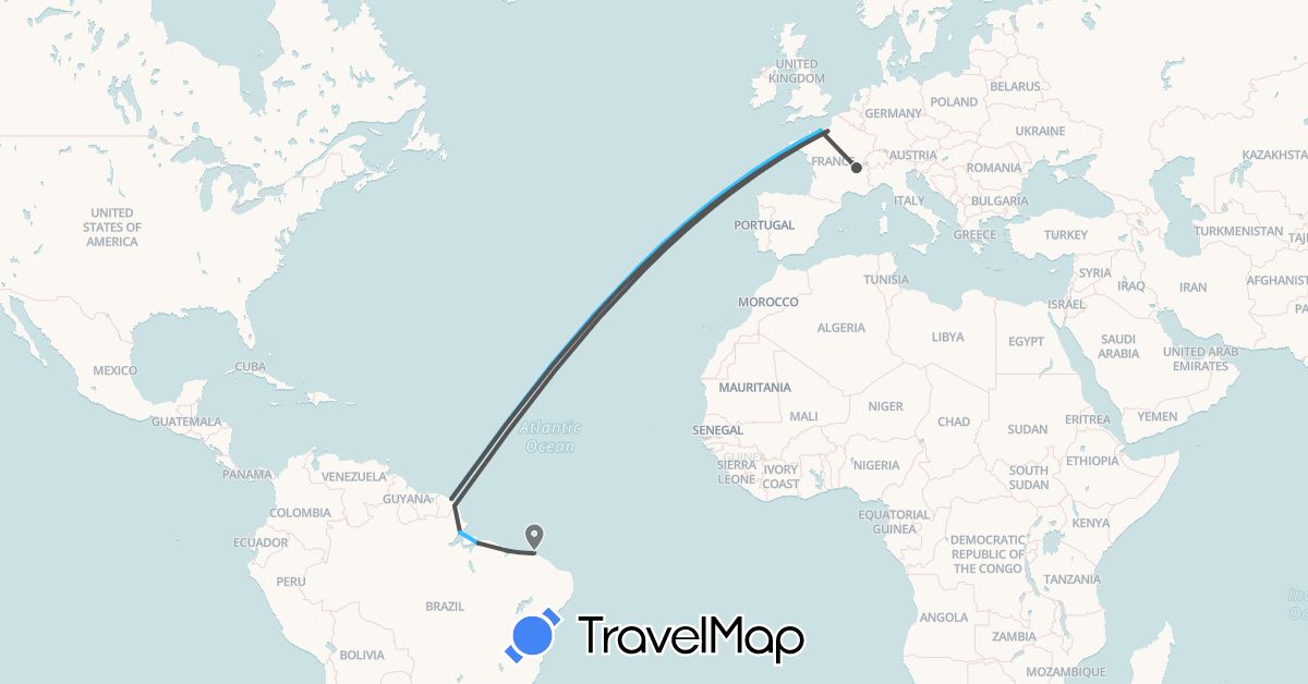 TravelMap itinerary: boat, motorbike in Brazil, France, French Guiana (Europe, South America)